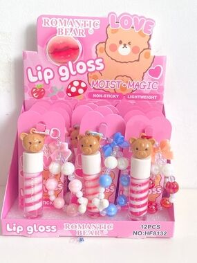 💋6x $15 💋ROMANTIC BEAR Pink Lip Gloss Keychain Set